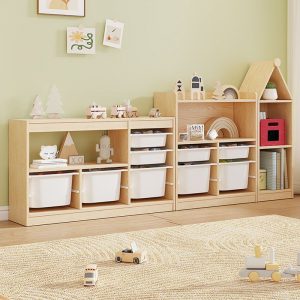 "Standard Children's Bookshelf with Pine Wood, Natural Wood Grain Color Variation, Multiple Bins (5/6/9)"