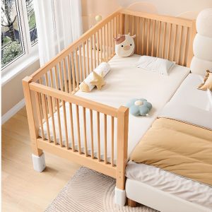 "Casual Natural Finish Natural Wood Panel Standard Children Bed with Coir Mattress, Gender Neutral, Detachable Guardrails"