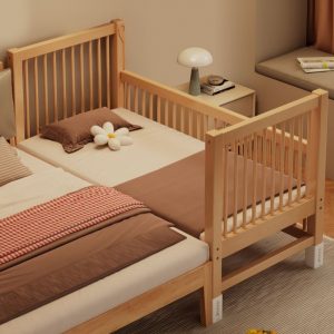 "Casual Natural Wood Standard Children Bed, Natural Finish, Panel Design with Coir Mattress, Gender Neutral & Detachable Guardrails"