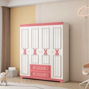 "Charming Carnation Wood Kids Wardrobe with Animal Theme, Shelf, Compartment Drawer, Clothing Rod, and Door"