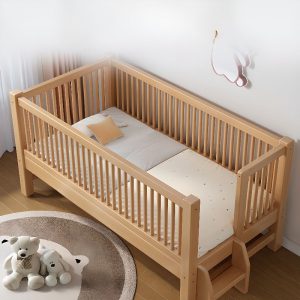 "Casual Platform Standard Children Bed in Natural Wood, Natural Finish with Coir Mattress, Gender Neutral & Surrounding Guardrail"
